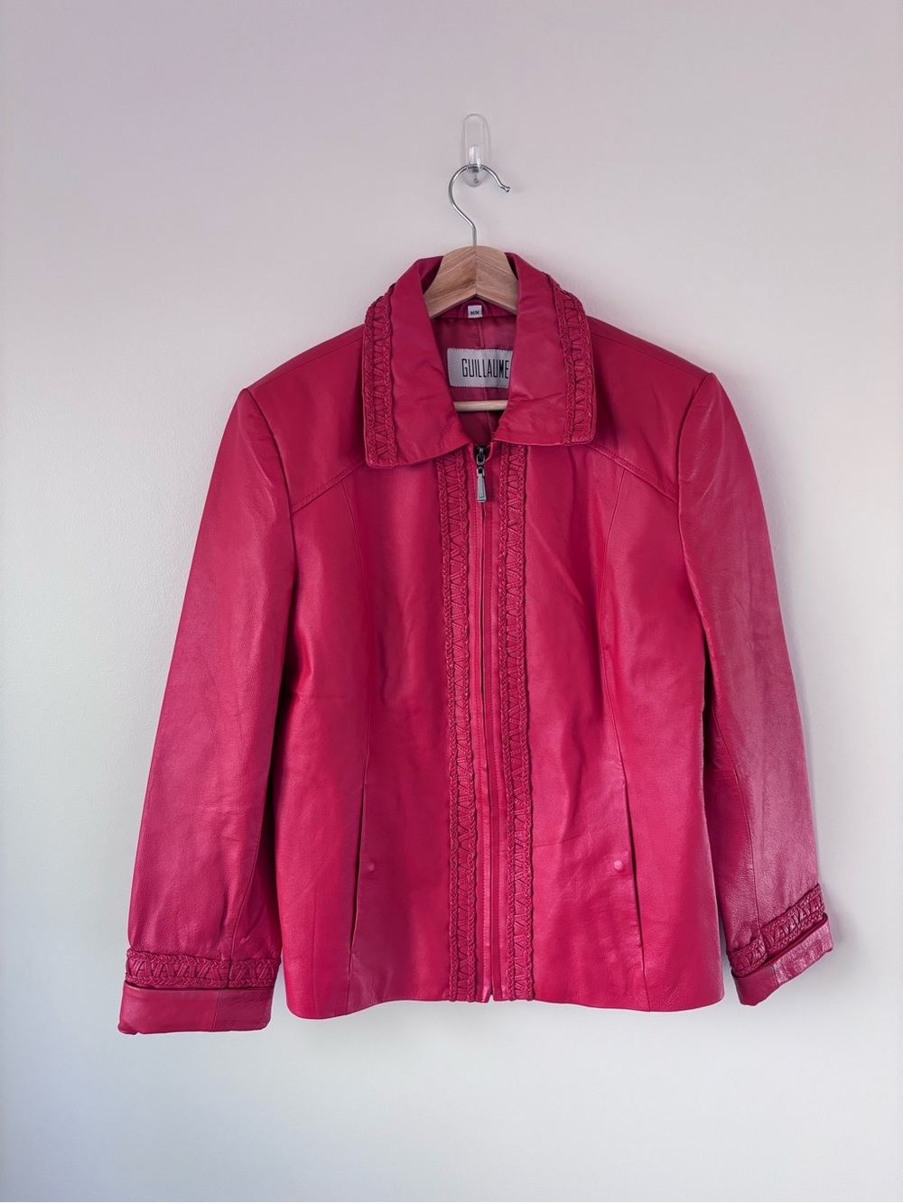 Vintage Ruby Red Leather Woven Statement Jacket by Guillaume (Size Medium) - Picture 2 of 10